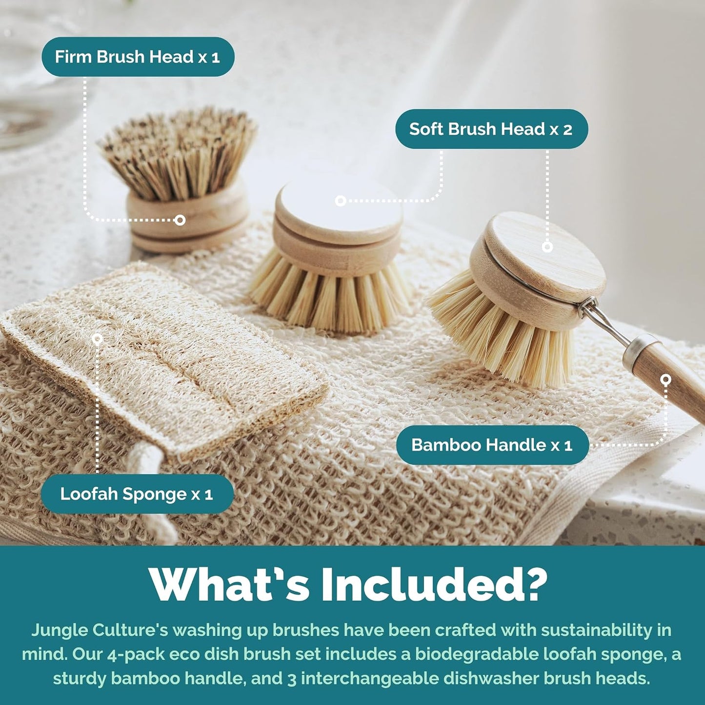 JUNGLE CULTURE Bamboo Dish Brush • 3 Swap Heads &amp; Loofah Sponge • 4 Piece
