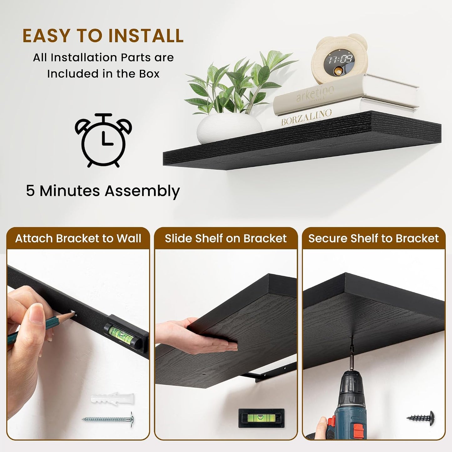 Fun Memories 55 Inch Fireplace Mantel Shelf, 9.3" Deep Floating Shelves for Wall, Long Wall Mounted Farmhouse Display Shelves with Invisible Heavy Duty Metal Bracket, Black, 2 Pack