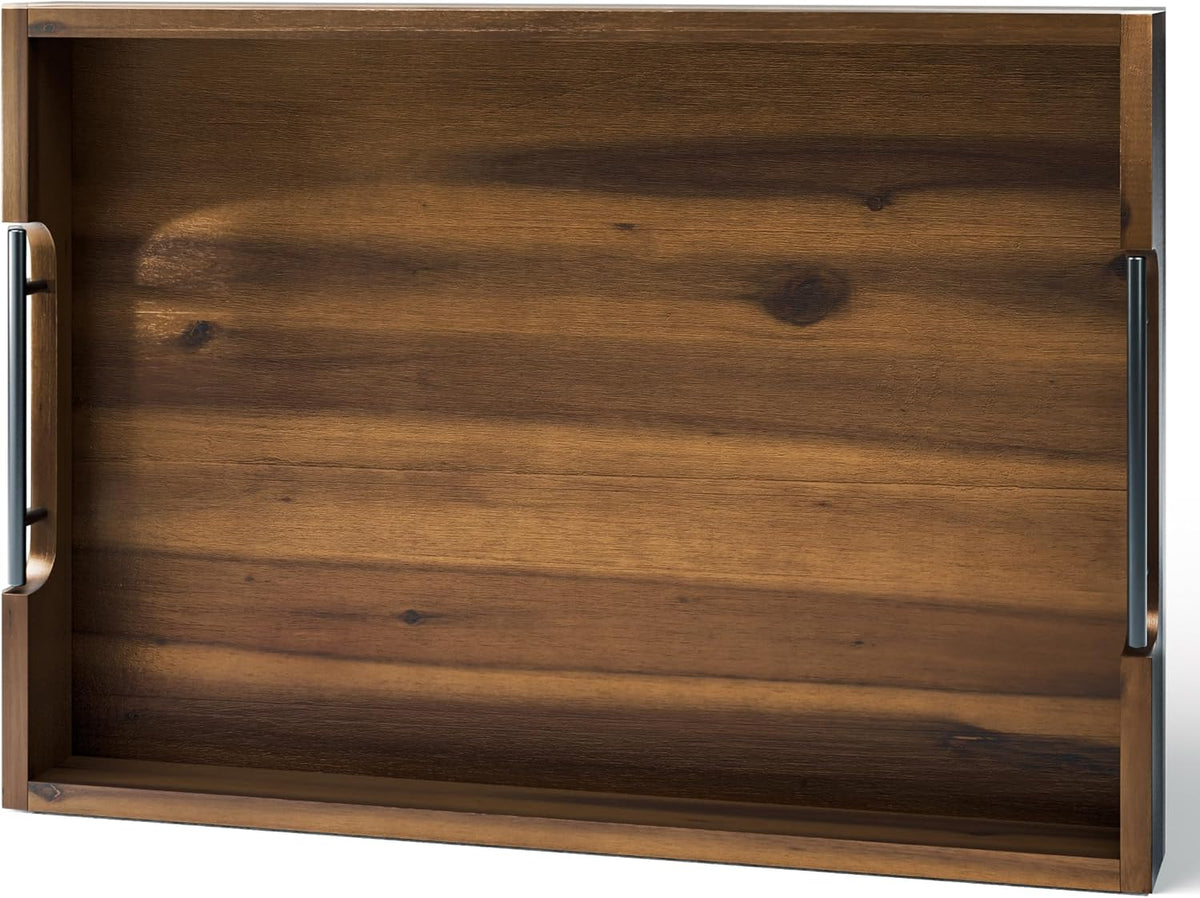 TIDITA 20"x14" Wooden Large Serving Tray, Walnut Color, Metal Handles | Acacia Wooden Tray for Ottoman, Wooden Ottoman Tray for Living Room, Decorative Trays for Coffee Table, Non-slip Pads