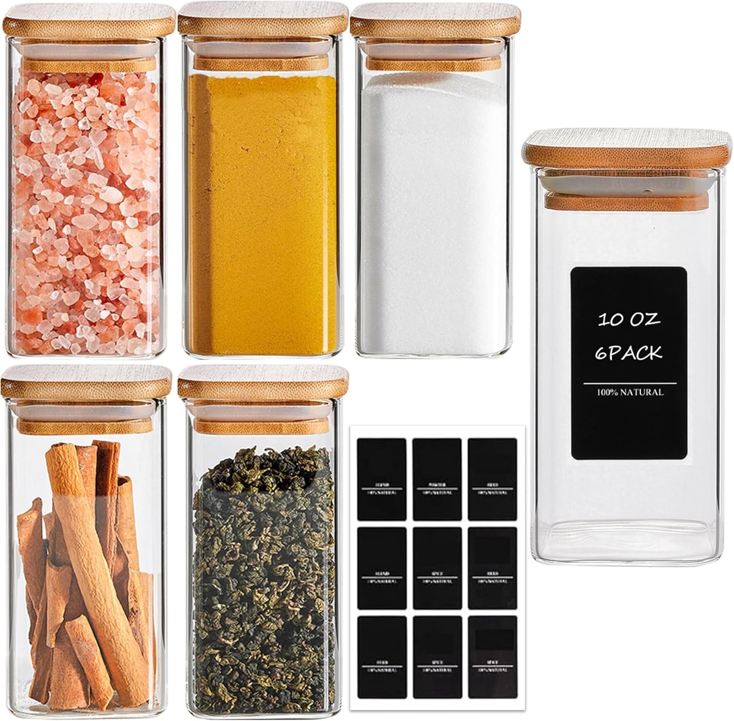 ComSaf 6Pcs 10 oz Large Spice Jars with Label Trial Set, Glass Spice Jars with Bamboo Lids Supplemen