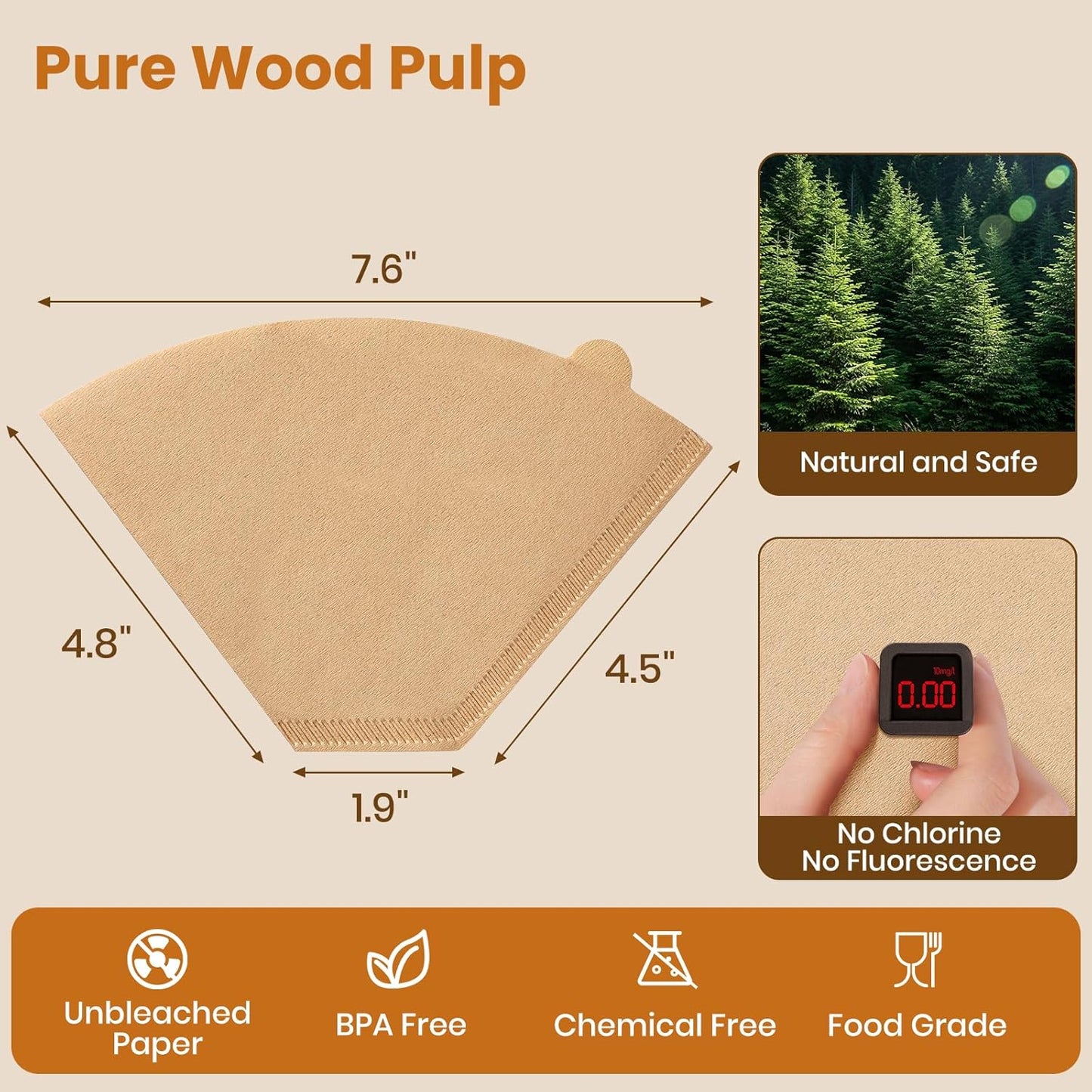 #4 Cone Coffee Filters 8-12 Cup, 200 Count Unbleached Natural Coffee Paper Filters, No Blowout, Disposable Coffee Filter for