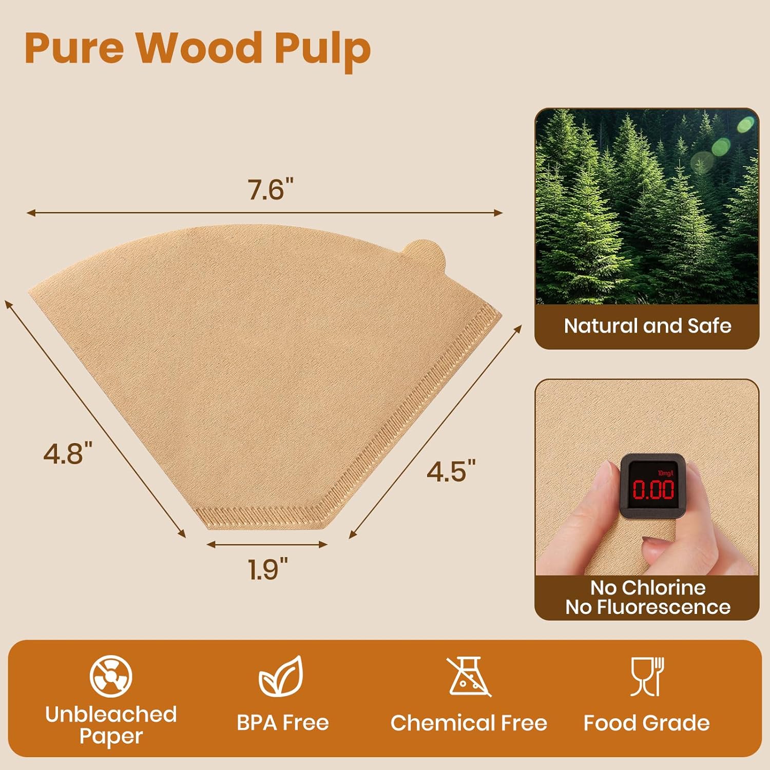 #4 Cone Coffee Filters 8-12 Cup, 200 Count Unbleached Natural Coffee Paper Filters, No Blowout, Disposable Coffee Filter for