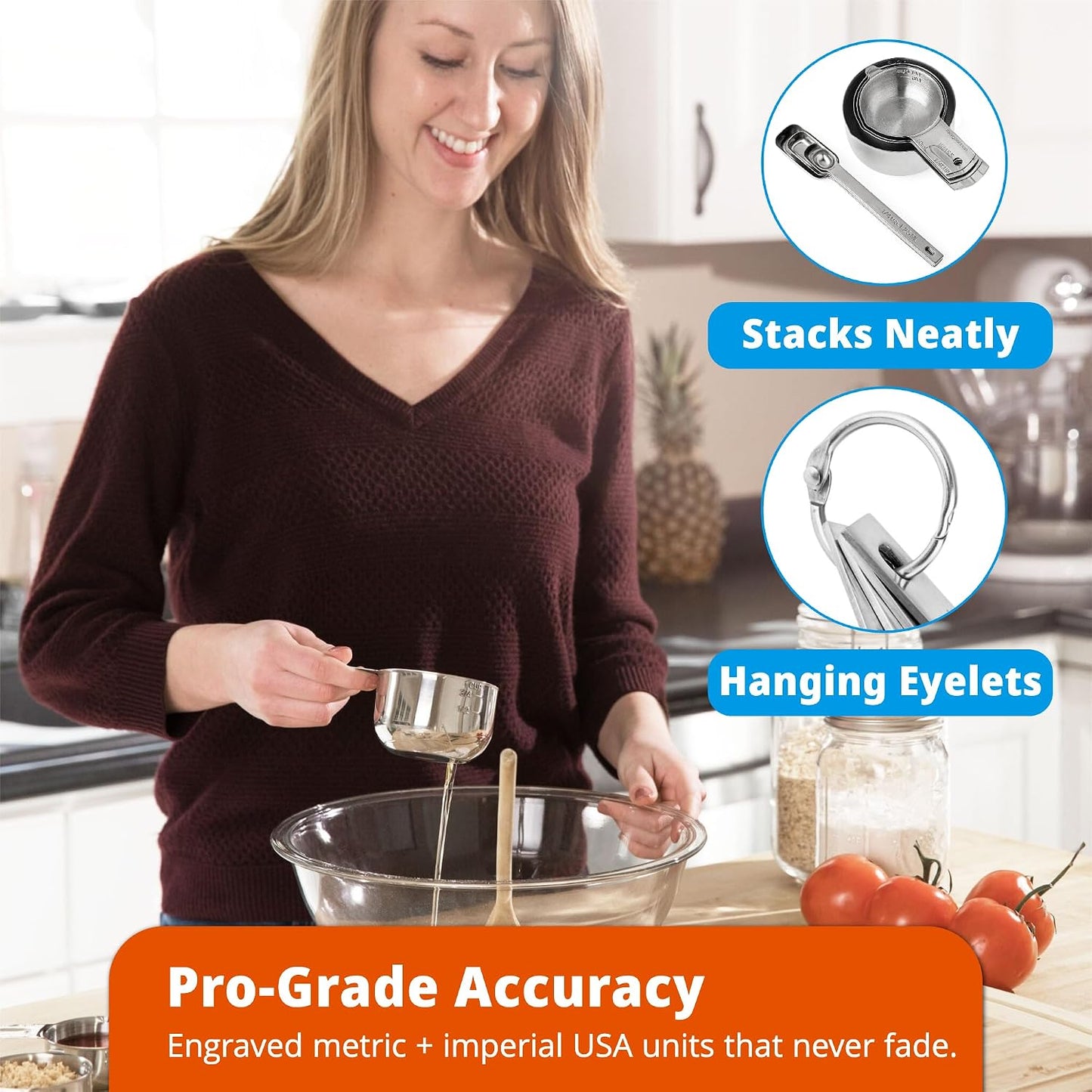 Premium 304 Stainless Steel Measuring Kit - 8-Piece Essential Cups and Spoons for Everyday Use, Stackable &amp; Durable