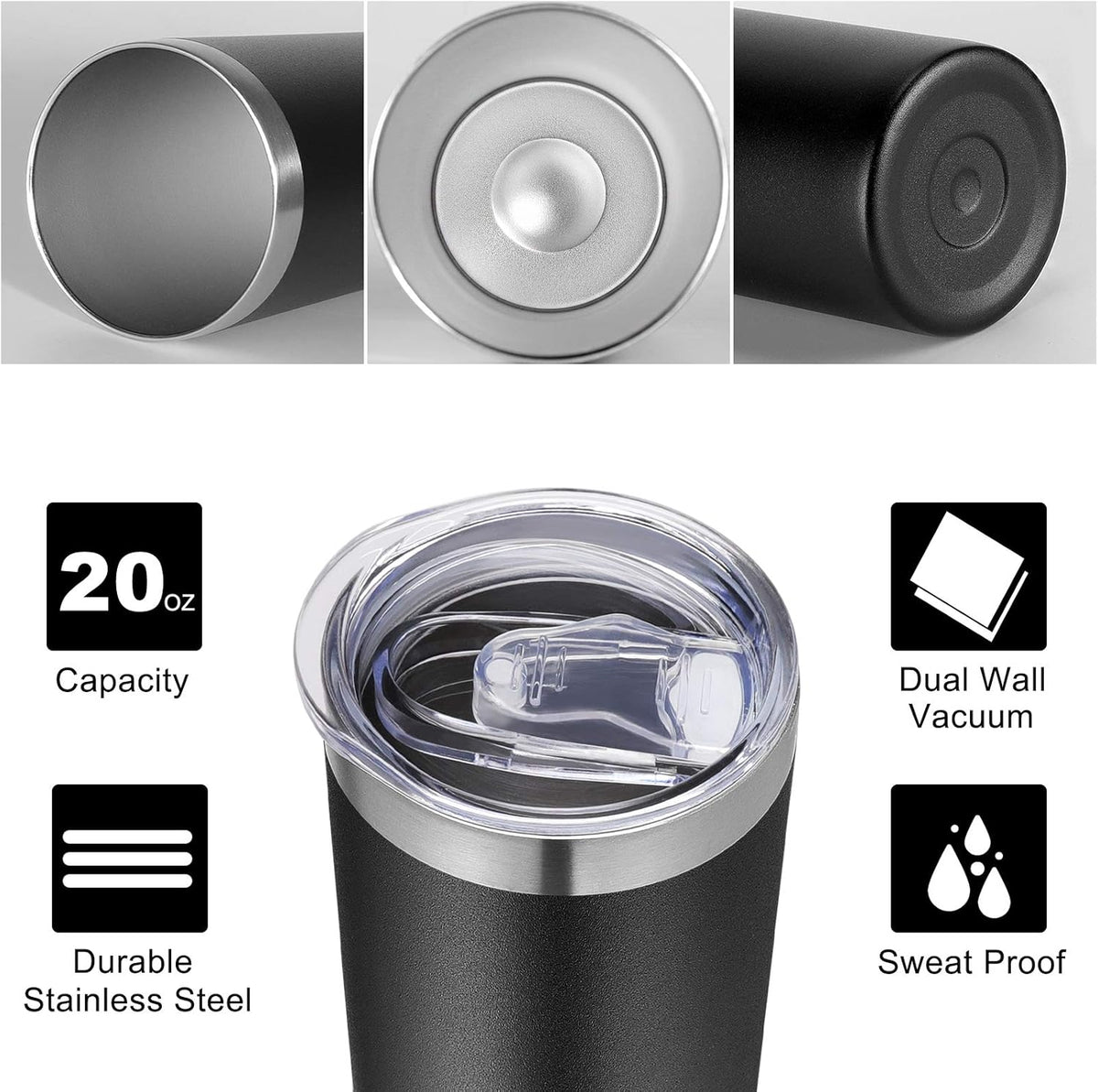 VEGOND Stainless Steel Tumblers Bulk 6 Pack, 20 oz Vacuum Insulated Skinny Tumblers with Lid and Straw, Double Wall Coffee Mug, Travel Water Cup, Black