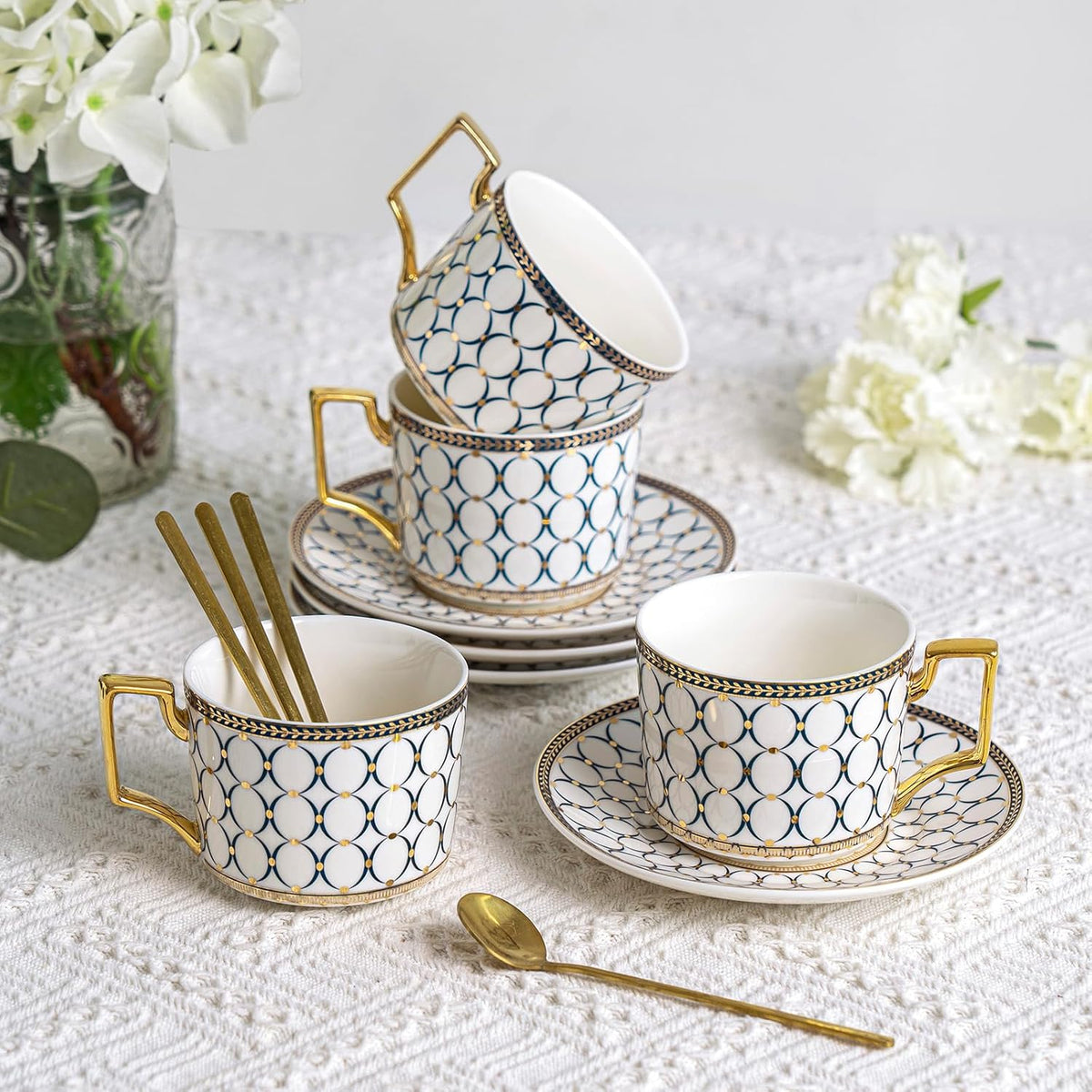 4Pcs White Gold Bone China 7oz Cup Saucer, British Coffee Tea set | Elegant Coffee &amp; Tea Set with Exquisite Gifts Box, Ideal for Women and Adults Afternoon Tea Party