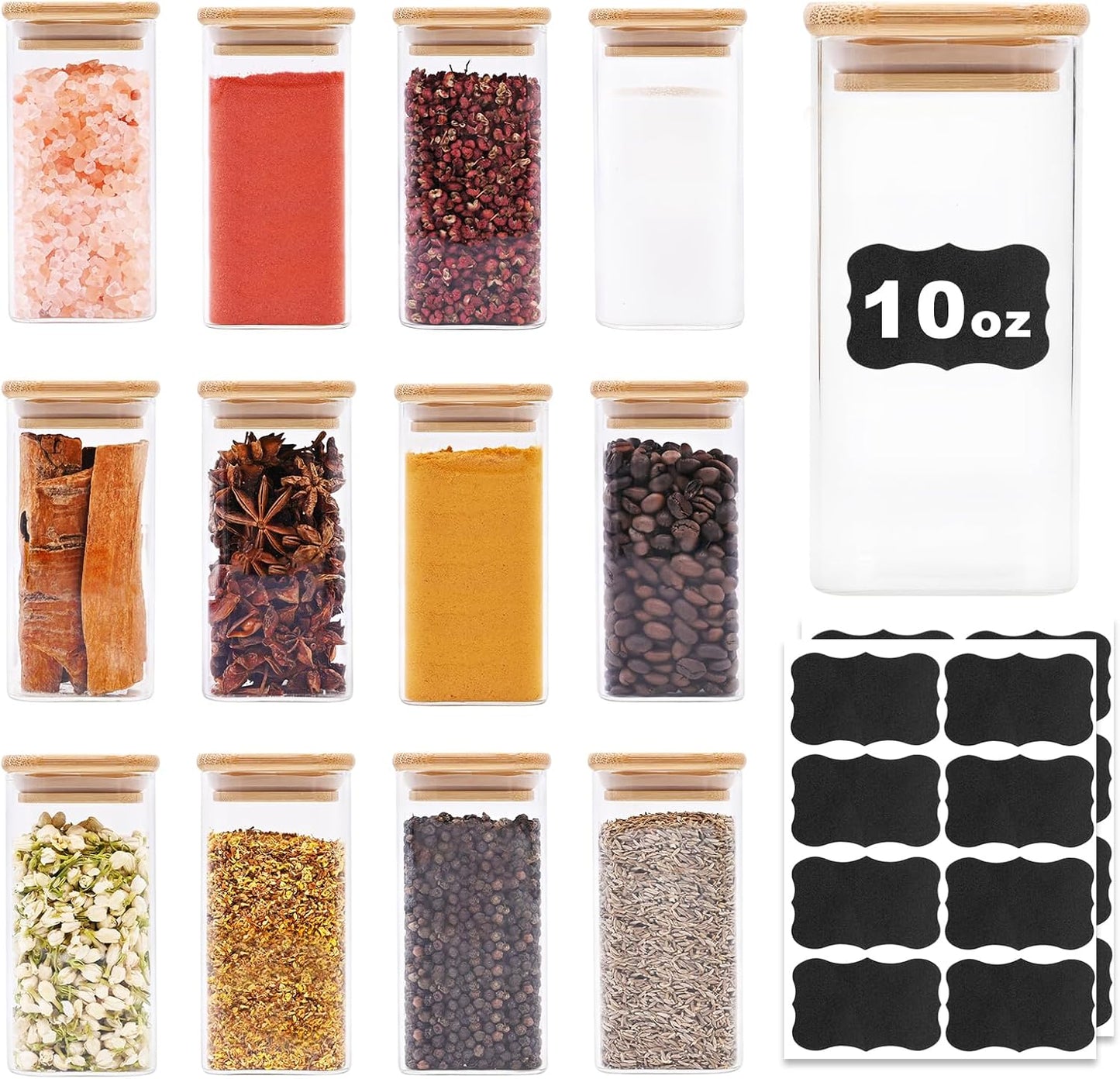Glass Food Storage Jars Square 10oz, 12 Pack Glass Jars With Bamboo Lids, Kitchen Storage Containers