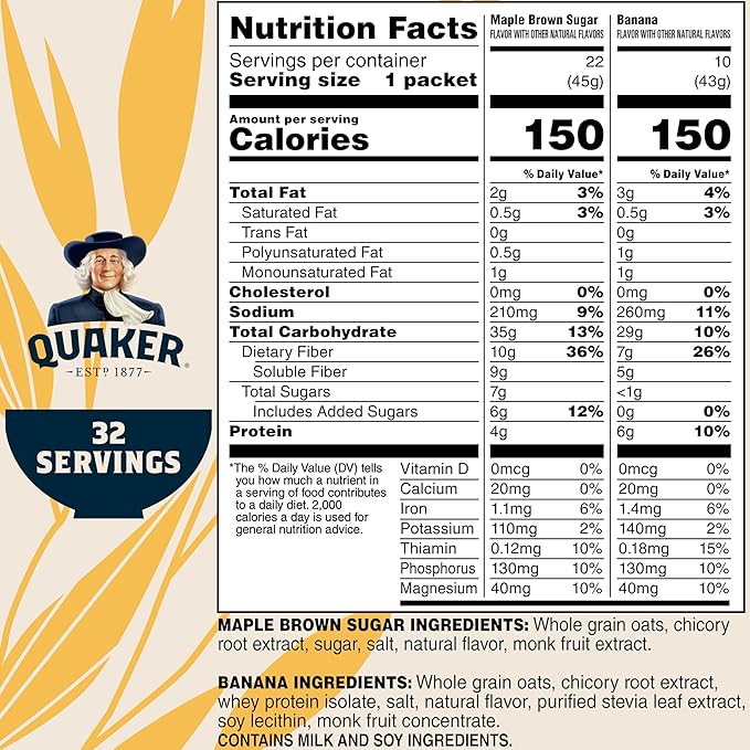 Quaker Instant Oatmeal, High Fiber 2 Flavor Variety (32 Pack)