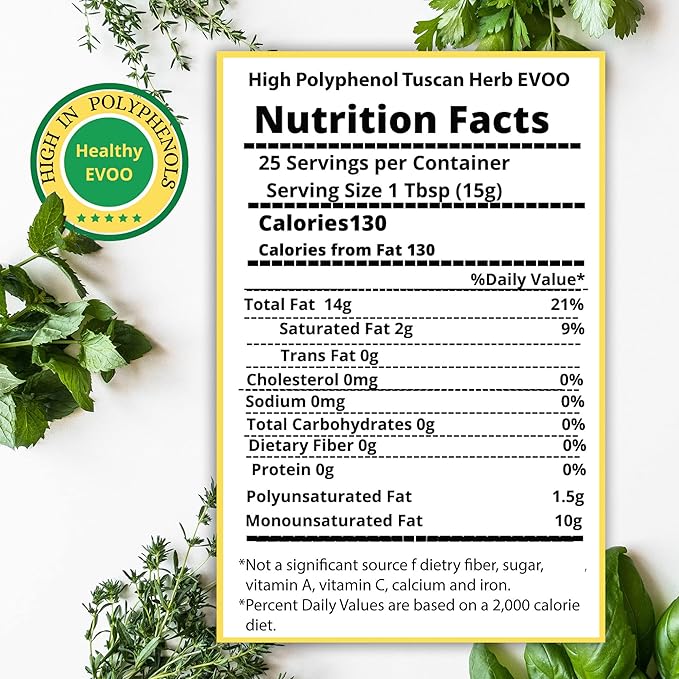 M.G. PAPPAS High Polyphenol Tuscan Herb Infused Olive Oil Extra Virgin - Over 500mg/kg - Unfiltered First Cold Pressed Greek EVOO - Award Winning - Salads Dipping Cooking Baking