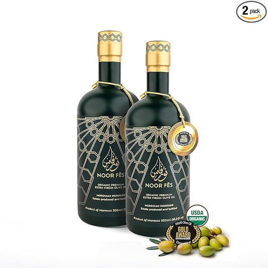 NOOR FÈS USDA Organic Extra Virgin Olive Oil | 584 mg/kg High in Polyphenols | 100% Unrefined | Moroccan Cold Extracted EVOO