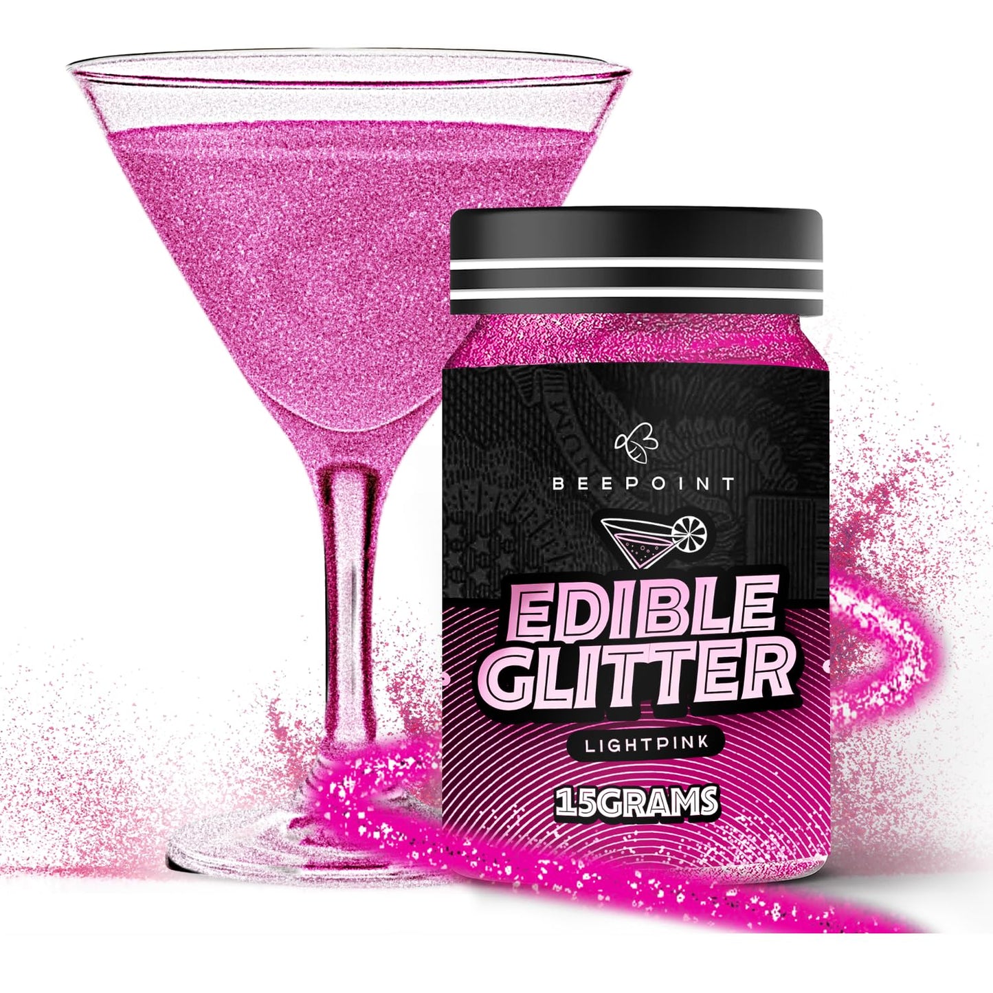 BeePoint Pink Edible Glitter for Drinks 15g - Food Grade, Vibrant Color Shimmer Powdered Dust for Dr