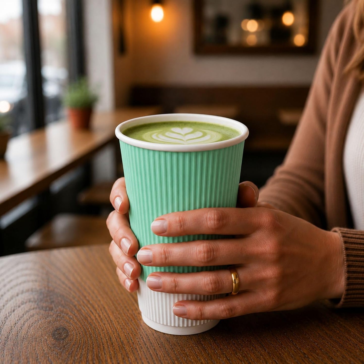 Restaurantware Ripple Wall Coffee Cup 500 Count 16 Ounce Insulated Hot Beverage Cup Disposable Non-Slip 16 Oz For Coffee Shops, Cafes, Bakeries, Light Green