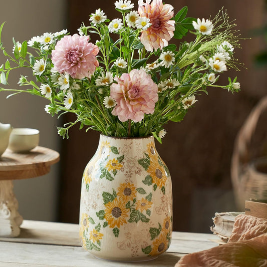 Vintage Ceramic Vase, 7.7 Inch Chinoiserie Sunflower Floral Vases, Rustic Farmhouse Antique Flower Vases for Home Decor