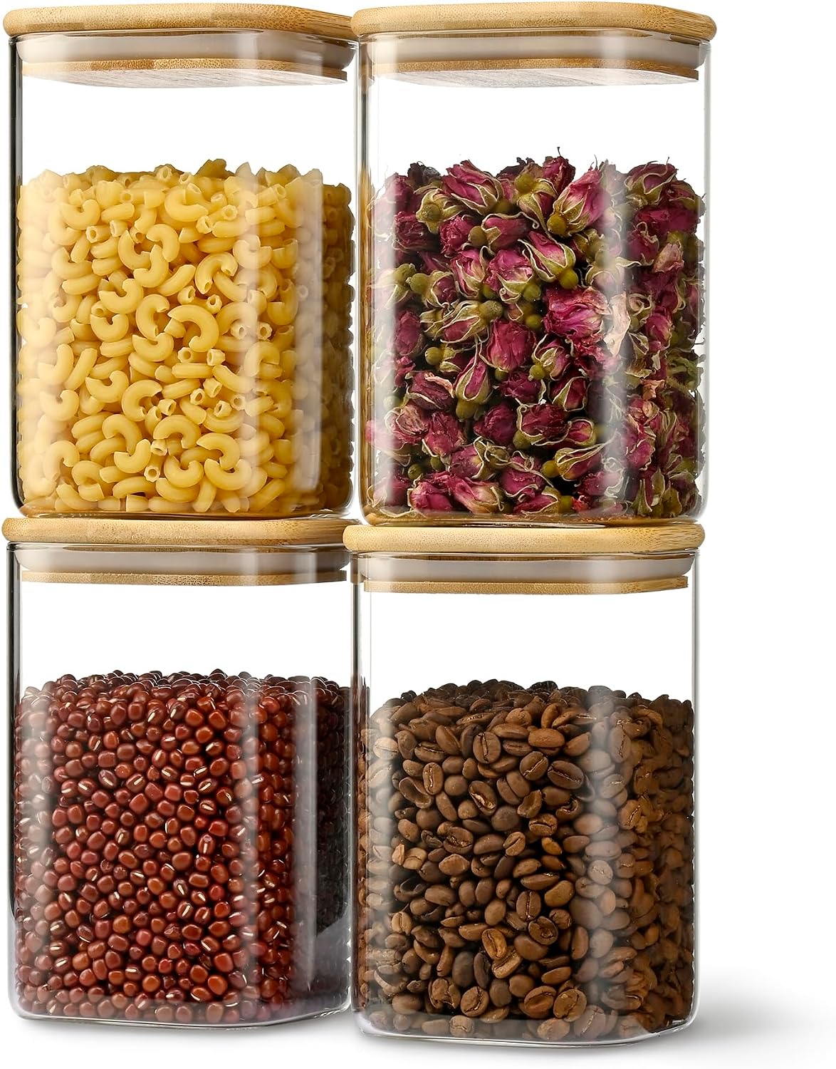 D2scrma 37oz Airtight Glass Square Storage Canister with Bamboo Lid Set of 4 (1100ml) Container Stackable Jar, Kitchen Canister for Pantry Noodles, Flour and Coffee beans (‎with Black Lable)