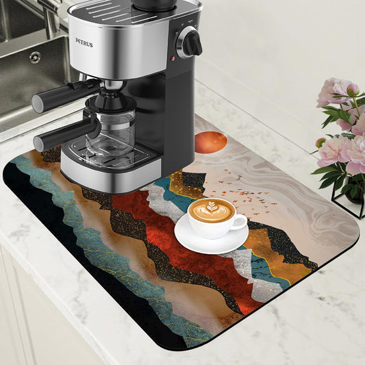 Abstract Golden Mountains Coffee Mat Absorbent Dish Drying Mat for Kitchen Counter Hide Stain Rubber Backed Coffee Bar