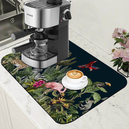 Jungle Animals Coffee Mat Tropical Dish Drying Mat for Kitchen Counter Absorbent Hide Stain Rubber Backed Coffee Bar
