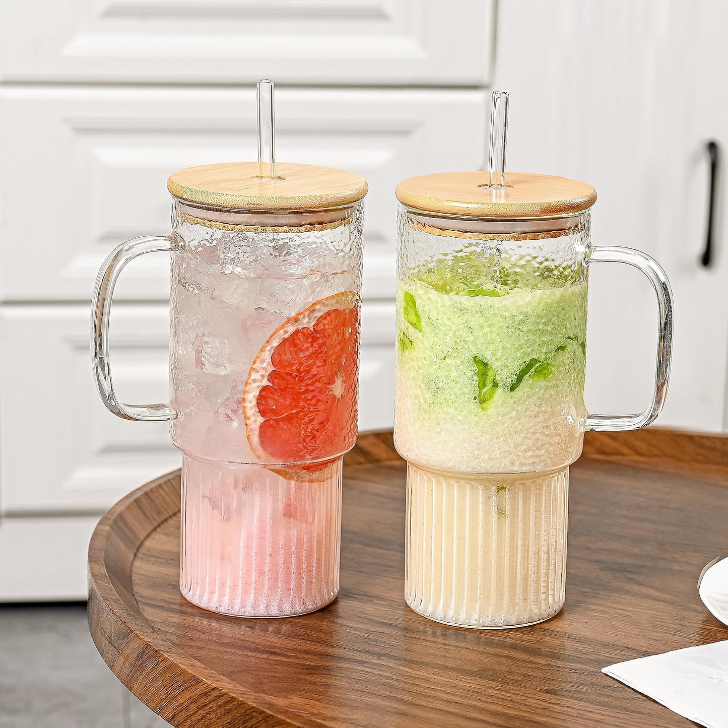 32oz Glass Cups with Bamboo Lid and Straw, Large Glass Tumbler with Handle