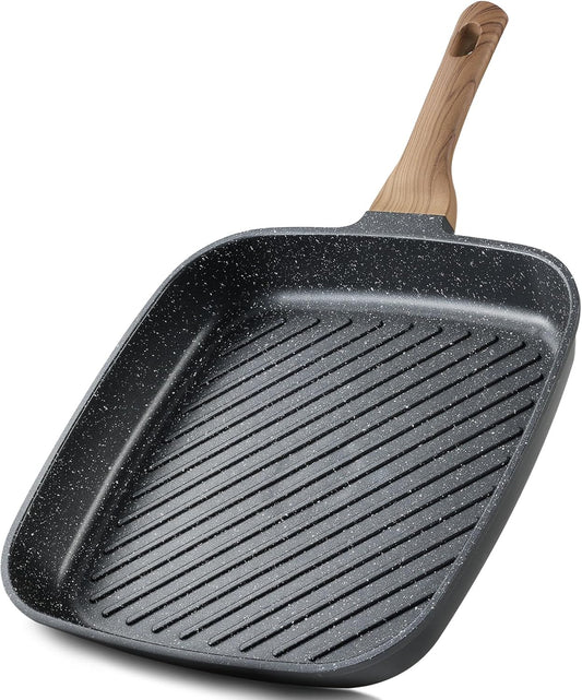 CAROTE 11 Inch Nonstick Grill Pan for Steak - Premium Granite Nonstick Coating, Square Grill Skillet, Indoor Outdoor RV Camping Use, Gas & Induction Safe, All Stovetops Compatible, PFOA Free, Black