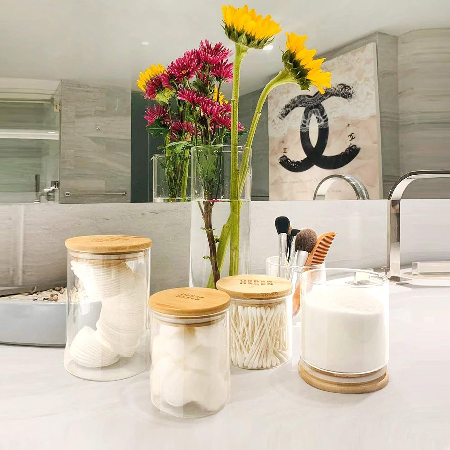 Glass Jars with Airtight Lids, Airtight Glass Canisters with Locking Lids, (Bamboo-20oz-30oz)