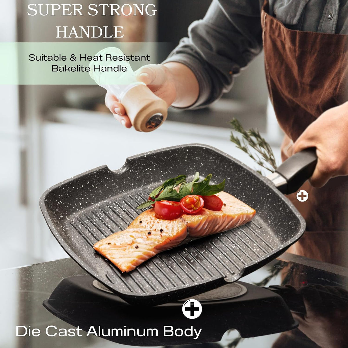 Moss & Stone Aluminum Nonstick Grill Pan for Stove Tops, Versatile Griddle Skillet with Pour Spouts, 11 Inch Square Grill Pan Big Cooking Surface, Durable Skillet For Indoor Cooking & Outdoor Grilling