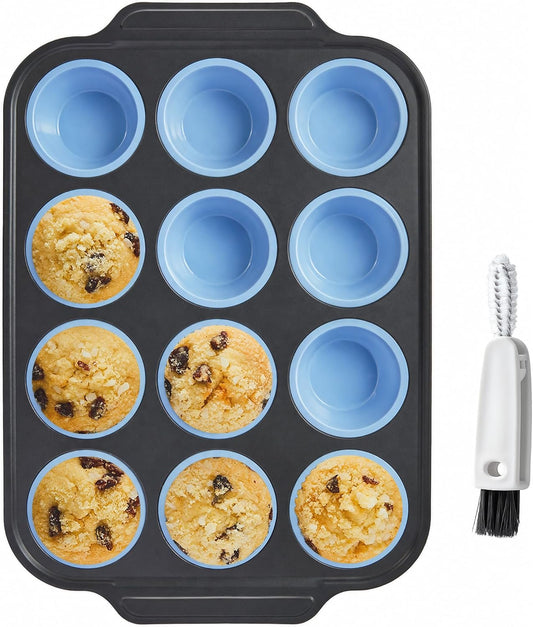 BRONYPRO Silicone Muffin Pans for Baking with Metal Frame, Egg Bite Molds, 12-Cup Regular Size Cupcake Pan, Easy-Release Nonstick Food-Grade Silicone, Cleaning Brush Included, Oven Safe, Blue
