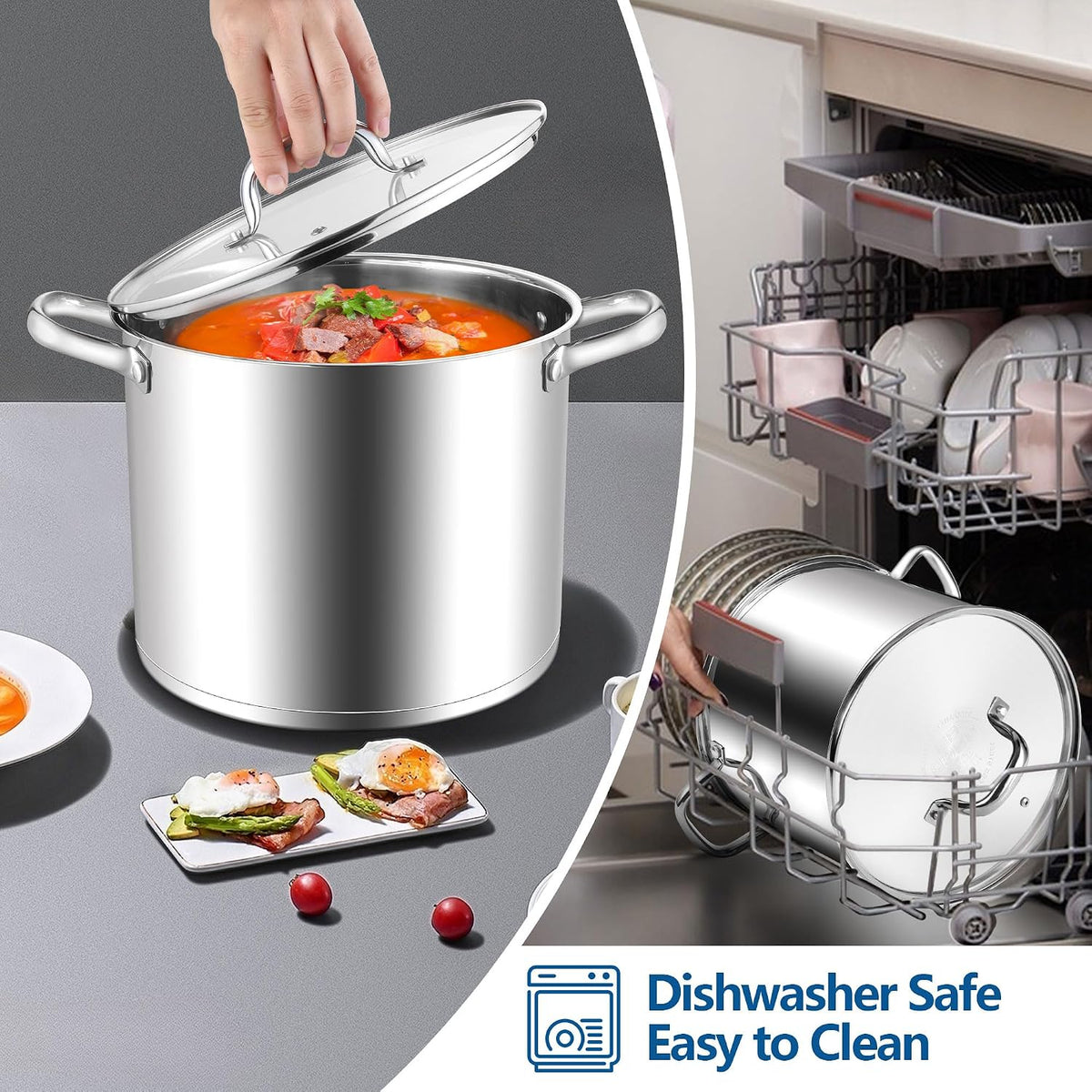 E-far 12 Quart Cooking Stock Pot, Large Stainless Steel Pot for Canning Simmering Stewing, Heavy Duty Cookware with Tri-ply Base for Induction Gas Stoves, Soup Pots with Glass Lid, Dishwasher Safe