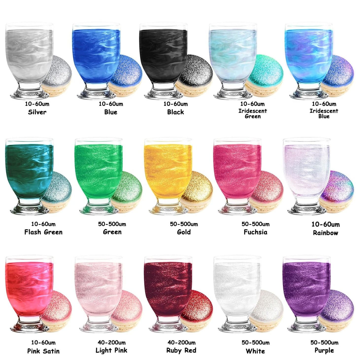 Edible Glitter - 15 Popular Colors Edible Glitter for Cocktails, Food Grade Luster Dust, Iridescent Shimmer Powder for Cake Decorations, Drinks, Baking, Dessert - 3 Particle Sizes - 5g/Bottle
