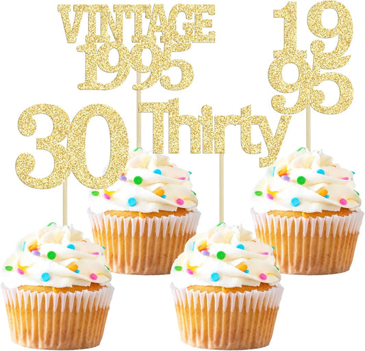 Gyufise 24Pcs Happy 30th Birthday Cupcake Toppers Glitter Thirty 30 Fabulous Vintage 1995 Cupcake Picks for 30th Birthday