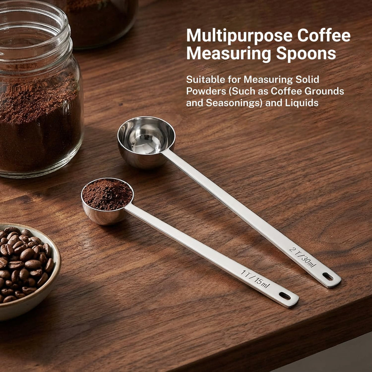 2PCS Coffee Scoop for Ground Coffee Stainless Steel Measuring Spoons Long Handle 30ml 8.66in and 15ml 8.27in Set for Deep Jars Beans Protein Powder Flour