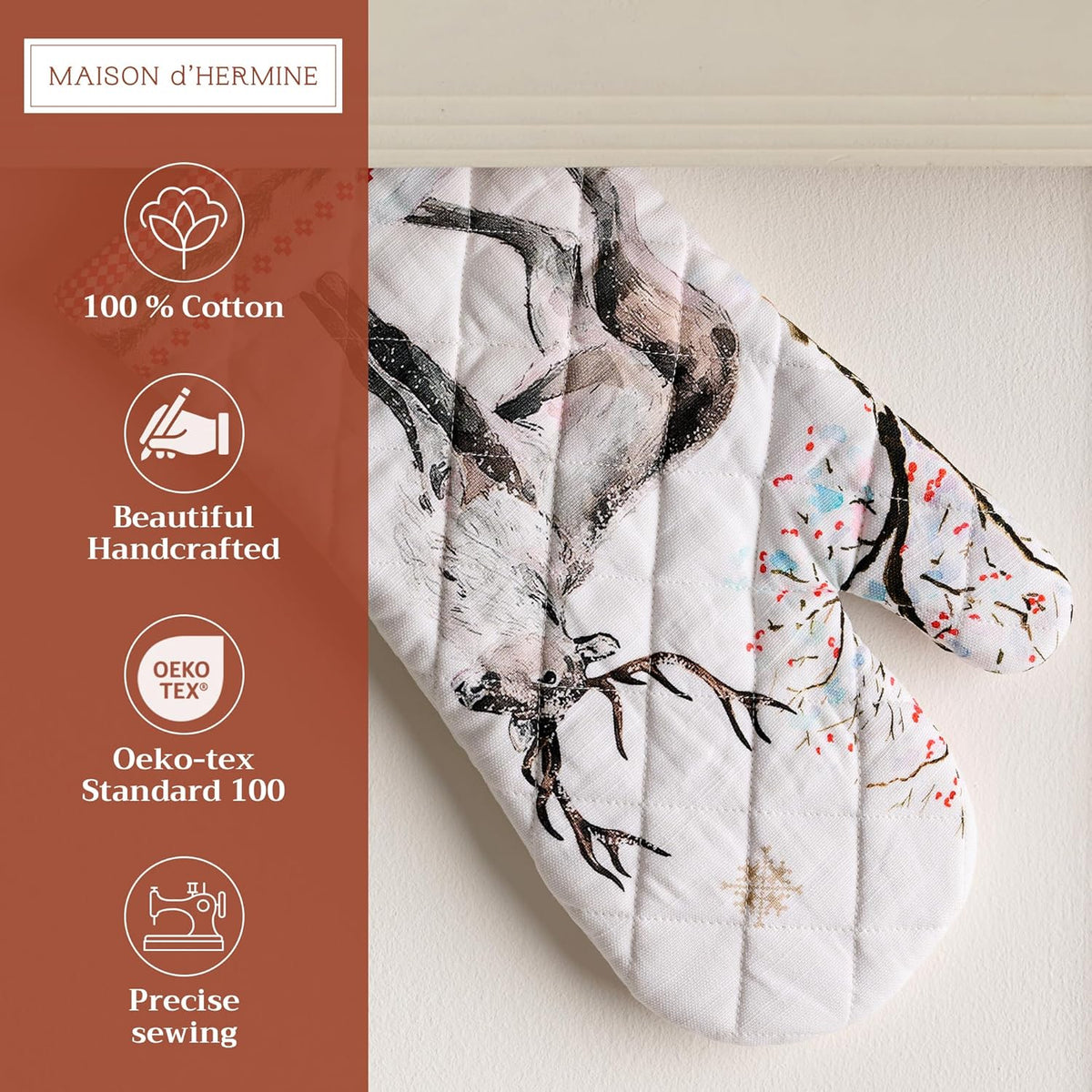Maison d' Hermine Oven Gloves 100% Cotton Oven Mitt 7" x 13" with Loop Heat Resistant, BBQ, Cooking Gloves, Baking, Grilling, Kitchen, Handling Hot Pans (Pack of 1, Rural Christmas)