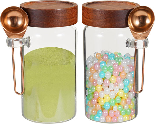 Glass Jars with Spoons Sugar Coffee Canister Round Glass Food Storage Jar for Spice Pantry Tea Coffee Bean Salt