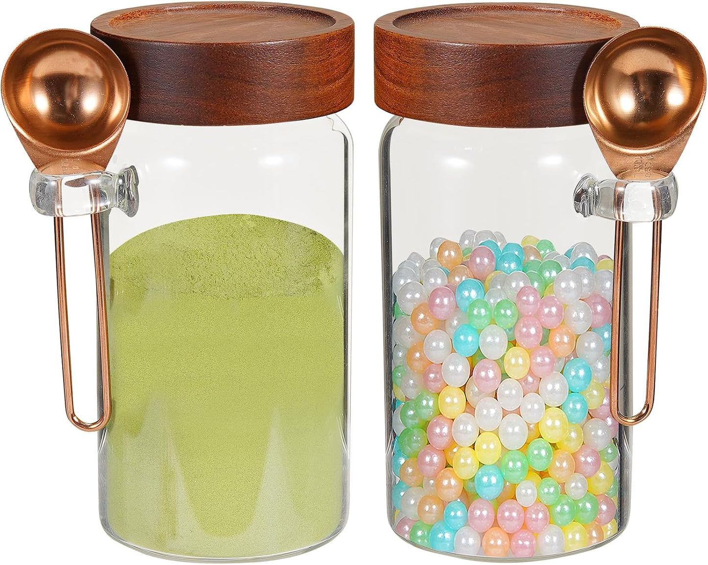 18oz Glass Coffee Jars with Scoop Wood Screw Lid Clear Round Spice Jar Herb Container Sugar Storage Bottle Canister for Seasoning Meal Prep Tea Coffee Ground Bean Salts (2×550ml(18oz)with spoon)