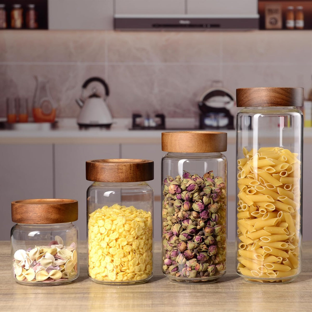 40 fl oz/1200 ml Glass Jar with Airtight Wooden Screw Top Lid, Clear Stackable Food Storage Canister, Large Tall Decorative Glass Container for Coffee, Candy, Cookie, Sugar, Oatmeal, Pasta