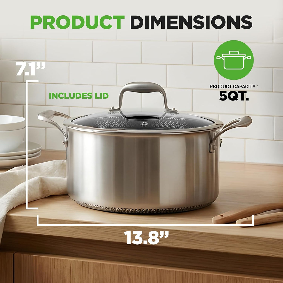 NutriChef 5 QT Stainless Steel Stew Pot - Triply Kitchenware Stew Pot with Glass Lid - DAKIN Etching Non-Stick Coating, Scratch-resistant Raised-up Honeycomb Fire Textured Pattern - NutriChef NC3PCAS