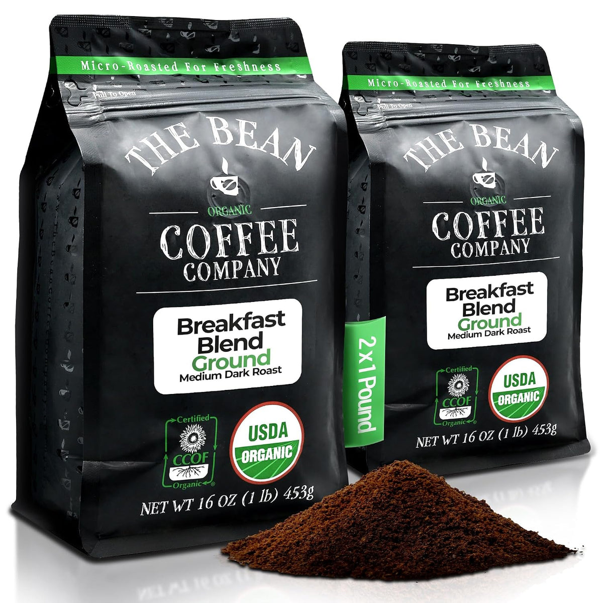 The Bean Organic Coffee Co. Breakfast Blend, Medium-Dark, Ground, 2 x 1 lb | Smooth, round-bodied breakfast blend. Organic ground coffee. Medium-Dark Roast. 2 x 1 lb.