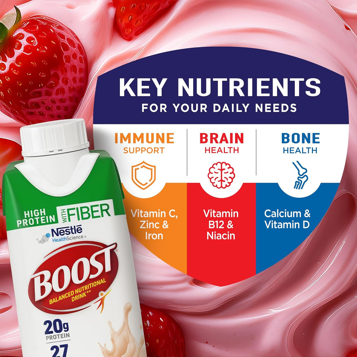 BOOST High Protein with Fiber Balanced Nutritional Shake, Strawberry, 24 pk