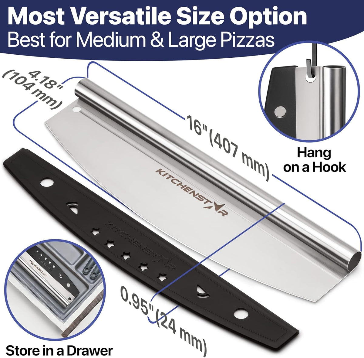 KitchenStar 16-Inch Pizza Cutter Rocker Blade - Sharp Stainless Steel Slicer Knife, Protective Cover, Dishwasher Safe, Large - Professional Pizza Oven Accessories