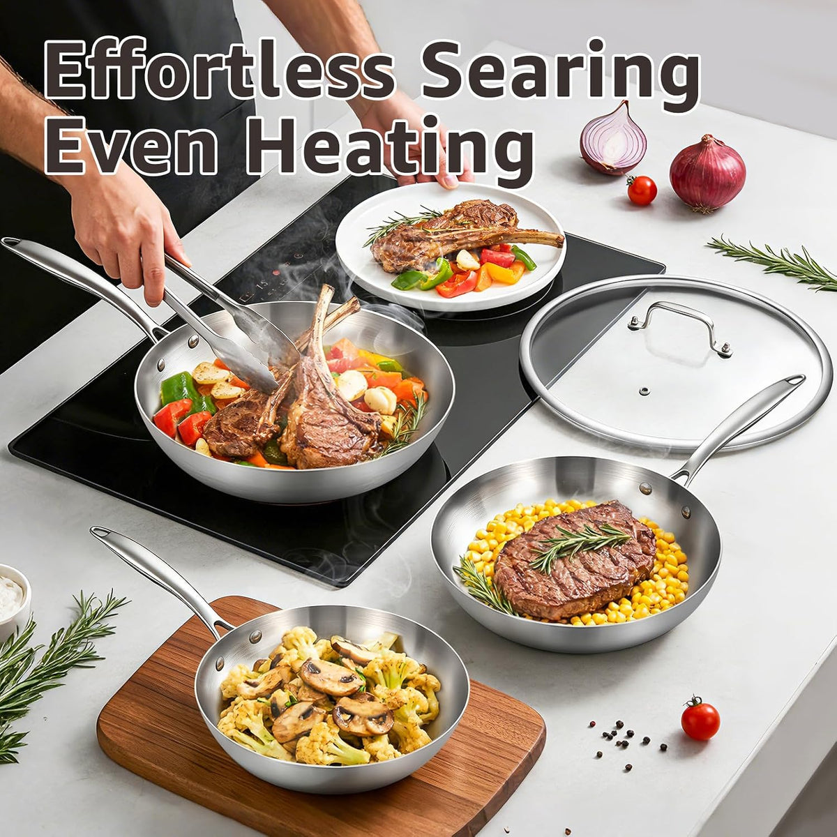 Inqibee Tri-Ply Stainless Steel Frying Pan Set of 3 with Lid,Skillets,Induction Cooking Pans Set,Riveted Handle,Eevn Heating and Oven Safe,8-9.5-11 Inch
