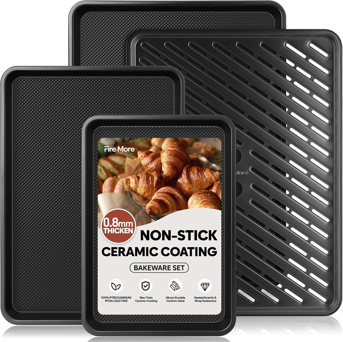 Nonstick Baking Sheet Set with Cooling Rack, 4-Piece Cookie Sheets for Baking, 0.8mm Heavy Duty Carbon Steel Oven Pans, Ceramic Coated Half Sheet, Jelly Roll Pan &amp; Quarter Sheet, PFOA/PTFE Free