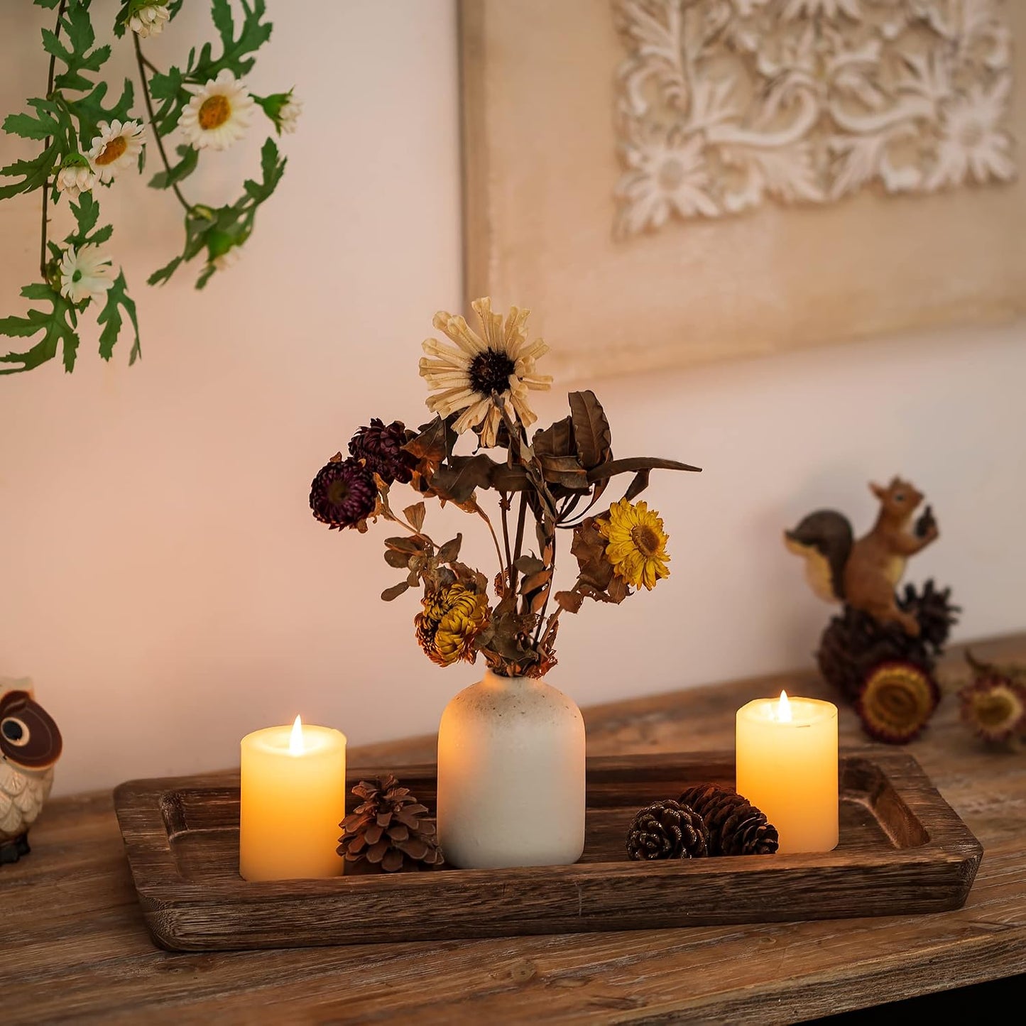 Hanobe Decorative Wooden Tray Long Narrow Centerpiece Candle Holder | 15.6" Wood Rustic Farmhouse Home Decor for Dining Coffee Table Kitchen Fireplace Mantle, Rectangle, More Cheap