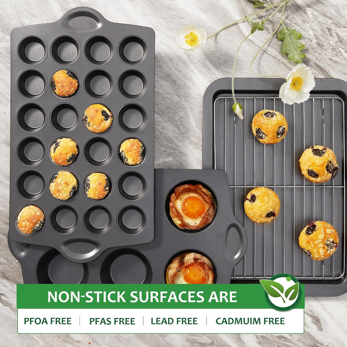 Nonstick Jumbo Muffin Pan, 2 Pack Large Cupcake Tin with 120pcs Muffin Liners, Cup Cake Tray for Baking, 3.5dia, 6 Cup, Premium, Extra Thick