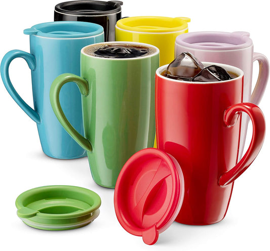 MITBAK 6-Pack Ceramic Coffee Mug Set with Lids (16-Ounce) | Large Colored Insulated Tumbler Mugs Set Great for Taking Your