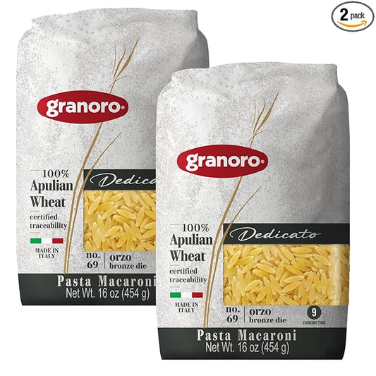 Granoro Dedicato Orzo #69 - Authentic Italian Pasta, Made from 100% Puglia Durum Wheat Semolina, Non-GMO, Vegan, 1 lb Bags