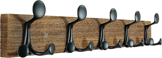 SKOLOO 24-Inch Wood Burnt Coat Rack Wall Mount with 5 Triple Hooks - Ideal for Family Entrances, Classrooms, and Pet