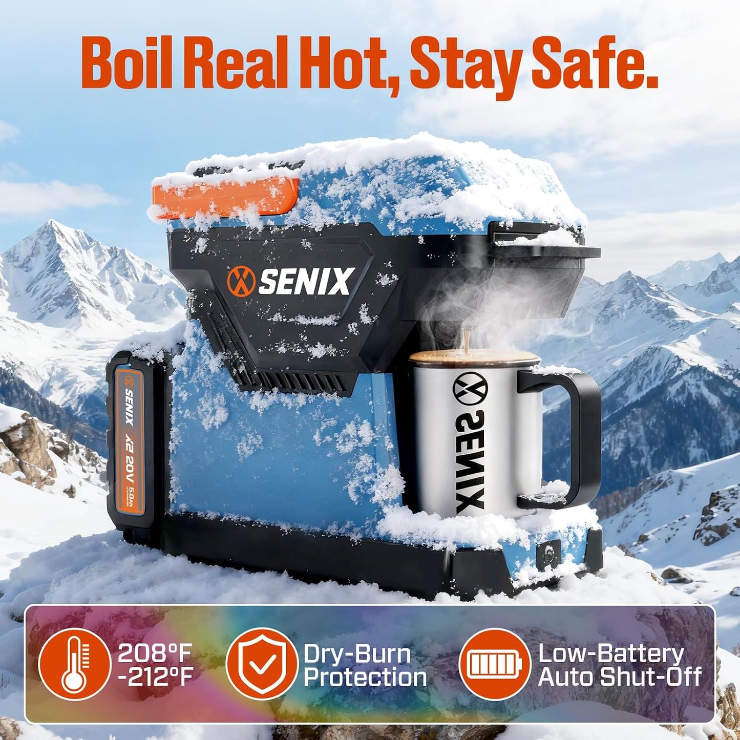 SENIX Portable Coffee Maker with 5000mAh Battery, Dual AC/DC Electric Coffee Machine for Car/RV/Camping, Cordless Outdoor Travel Brewer Compatible with Ground &amp; ESE Pods, Included Cup