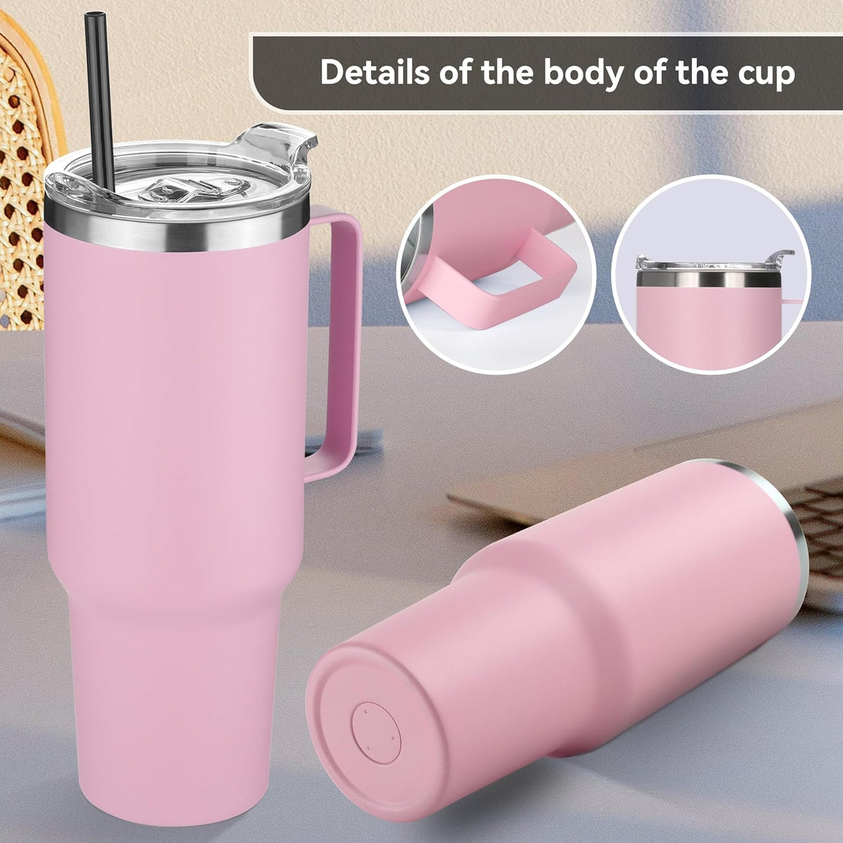HASLE OUTFITTERS 40 oz Stainless Steel Tumbler with Handle, Vacuum Insulated Tumblers Bulk, Reusable Double Wall Travel Coffee Mug, Durable Powder Coated Water Bottle(Pink, 4)