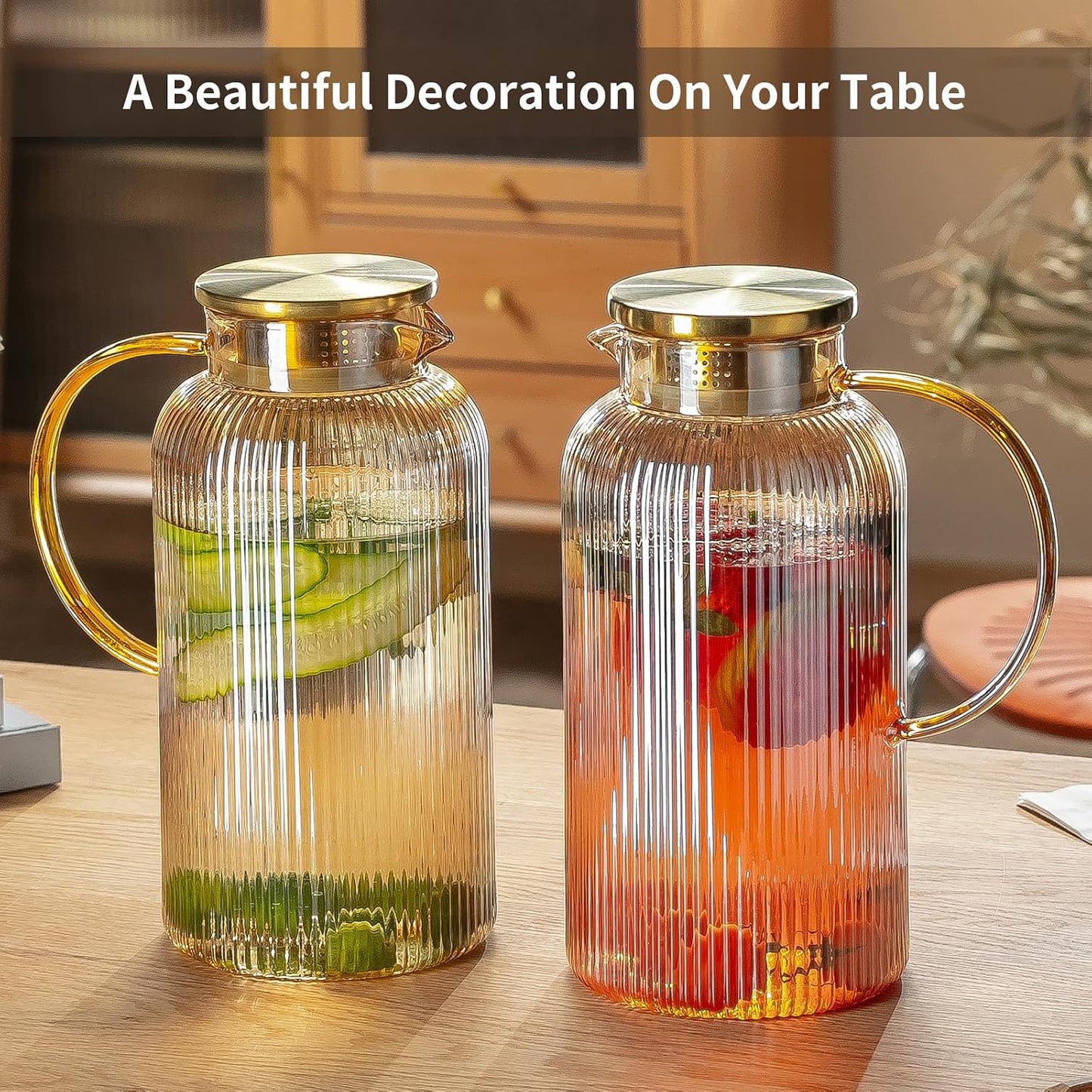 Buaic Glass Pitcher with Lid, 68 oz/ 2L Amber Glass Water Pitcher | Classic Vertical Stripes Glass Water Jug with Handle,Glass Water Carafe for Cold Brew, Coffee,Iced Sun Tea,Beverage,Cold/Hot