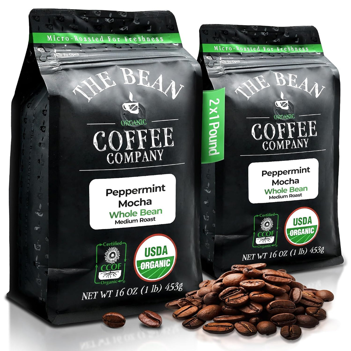 The Bean Organic Coffee Co. Peppermint Mocha, Medium, Whole Bean, 2 x 1 lb | Cool peppermint and rich chocolate mocha. Organic coffee beans. Medium Roast. 2 x 1 lb.
