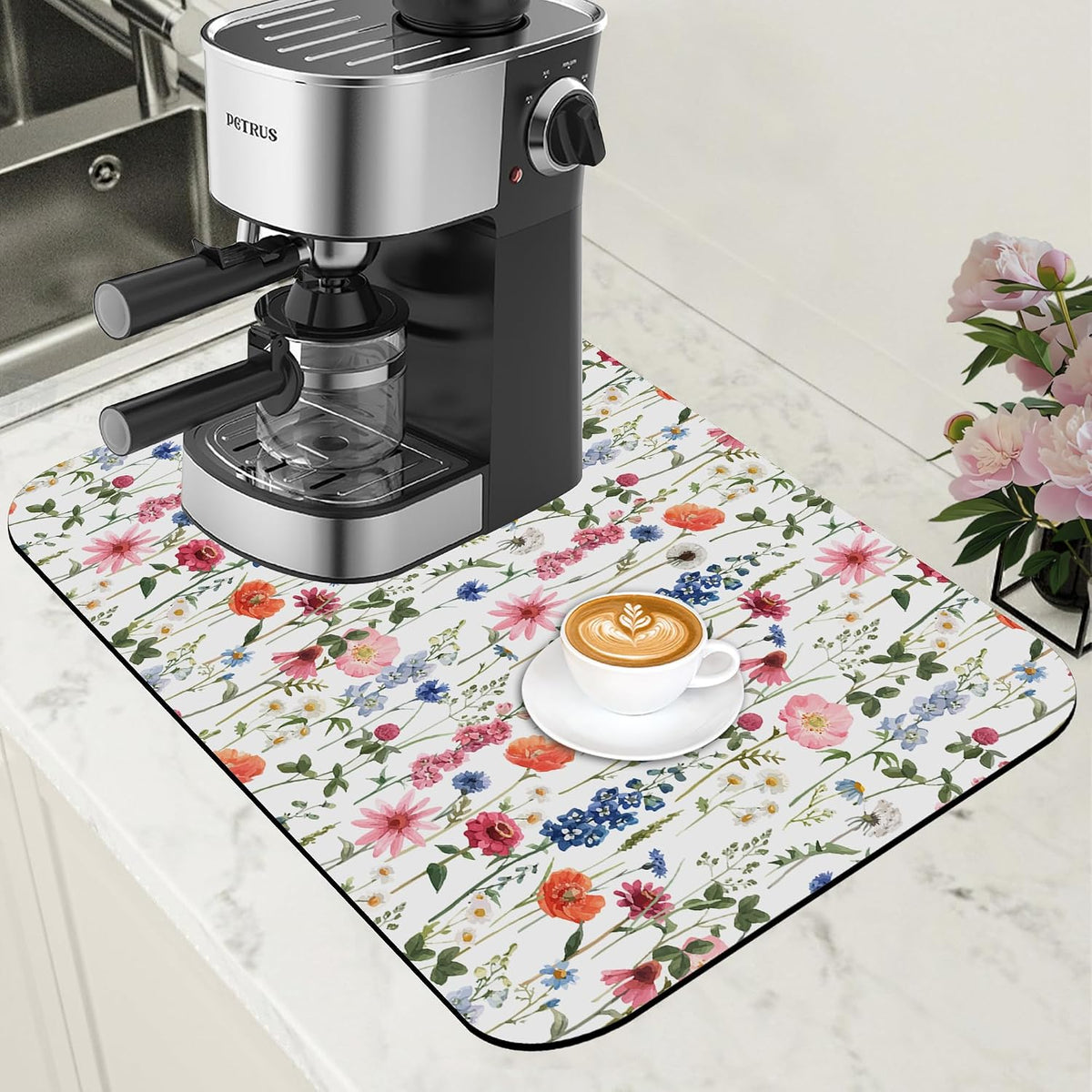 Watercolor Flowers Coffee Mat Absorbent Dish Drying Mat for Kitchen Counter Hide Stain Rubber Backed Coffee Bar Accessories Fit Under Espresso Machine Dish Rack 11.8 x 19.7 Inch