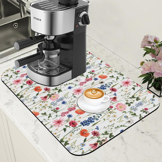 Watercolor Flowers Coffee Mat Absorbent Dish Drying Mat for Kitchen Counter Hide Stain Rubber Backed Coffee Bar Accessories Fit Under Espresso Machine Dish Rack 11.8 x 19.7 Inch