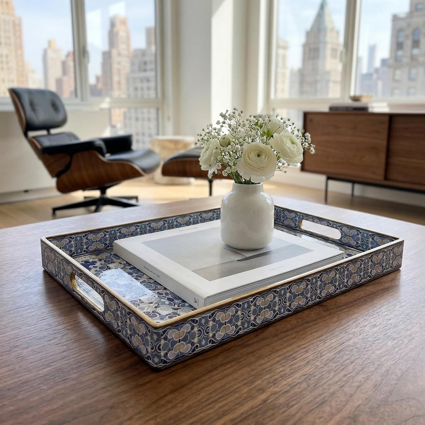 Boho Decorative Tray, Modern Blue Serving Tray with Handles, Ottoman Trays Set of 2, Plastic Coffee Table Tray for Living Room, Bathroom, Kitchen, Decor, Large 15.7”*11.8”, Small 13.7"*9.8"